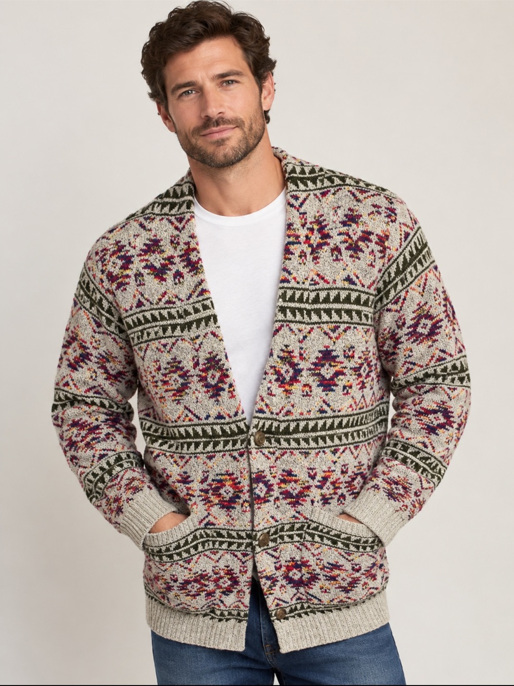 Vintage Men's Fair Isle Intarsia Knit Cardigan Sweater